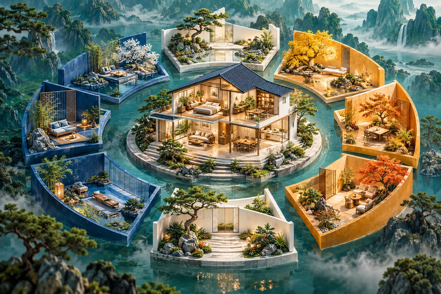 主题插画以房屋与周边空间提示方向意识；准确八宅分组以正文图解为准。