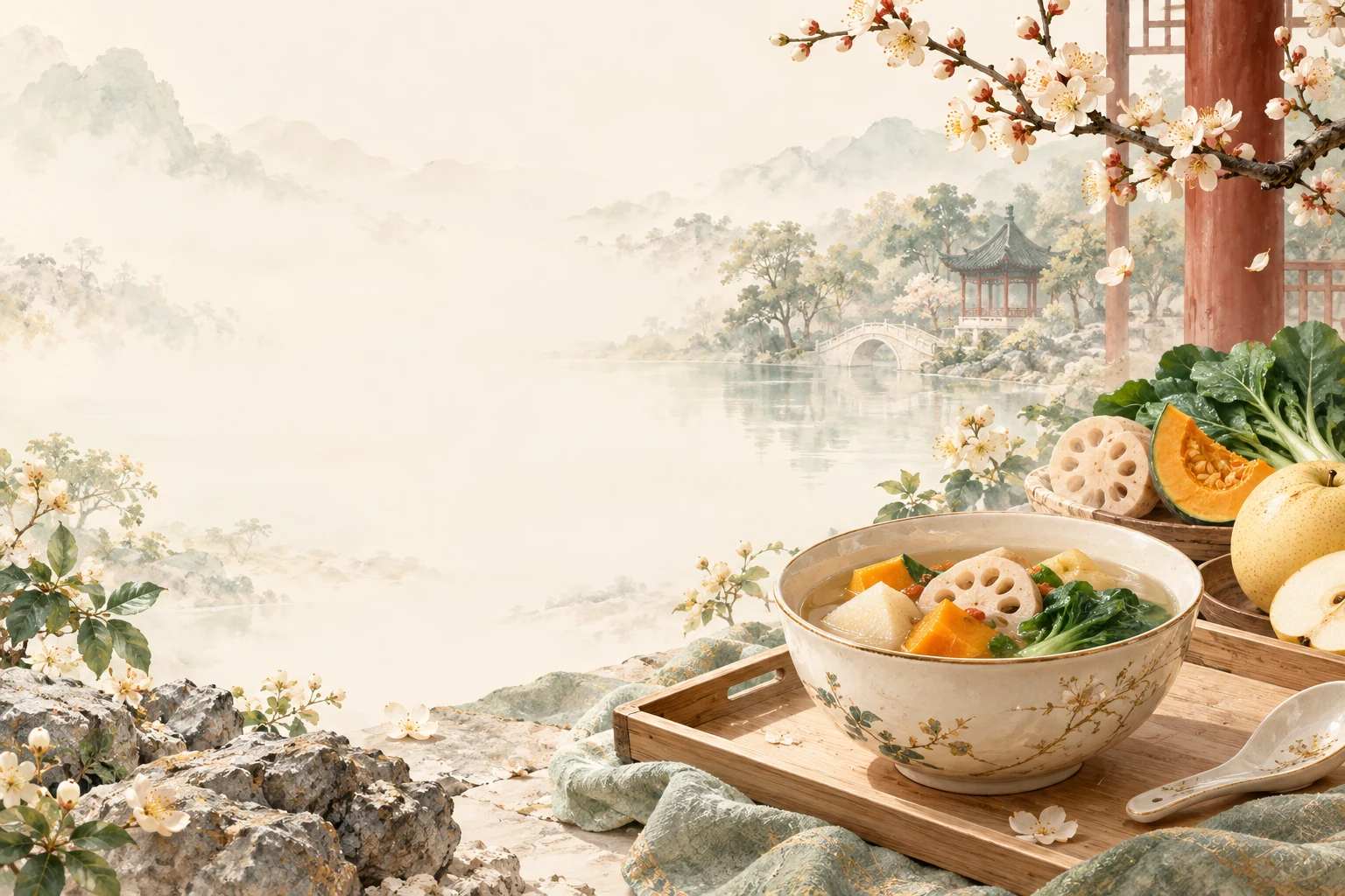 中式养生与节气饮食主题生活方式插画
